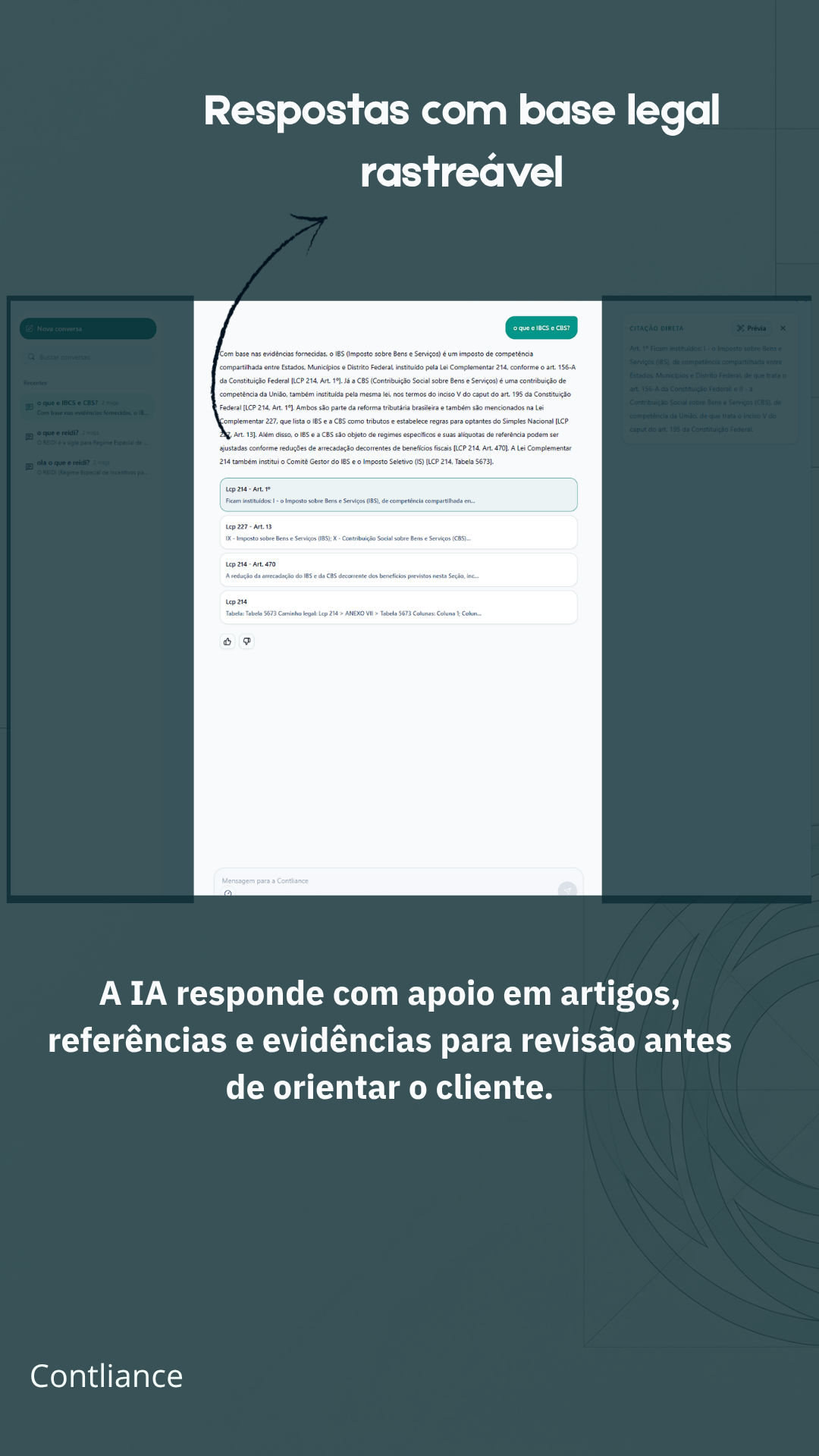 Tela do Contliance destacando resposta com apoio em artigos, referências e evidências para revisão.