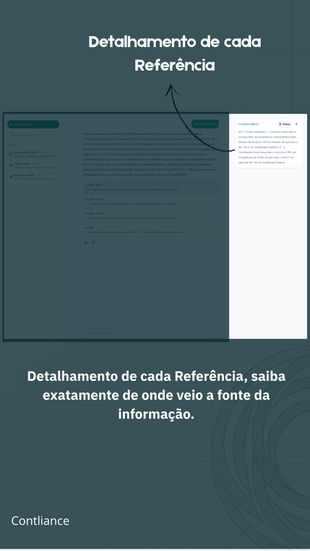 Tela do Contliance mostrando detalhamento de referência e origem da fonte usada na resposta.