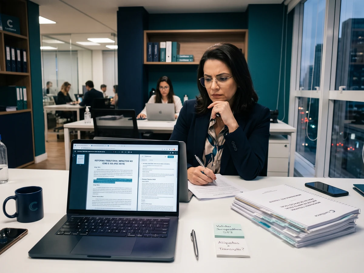 Profissional contábil pesquisando a mesma dúvida em documentos e mensagens