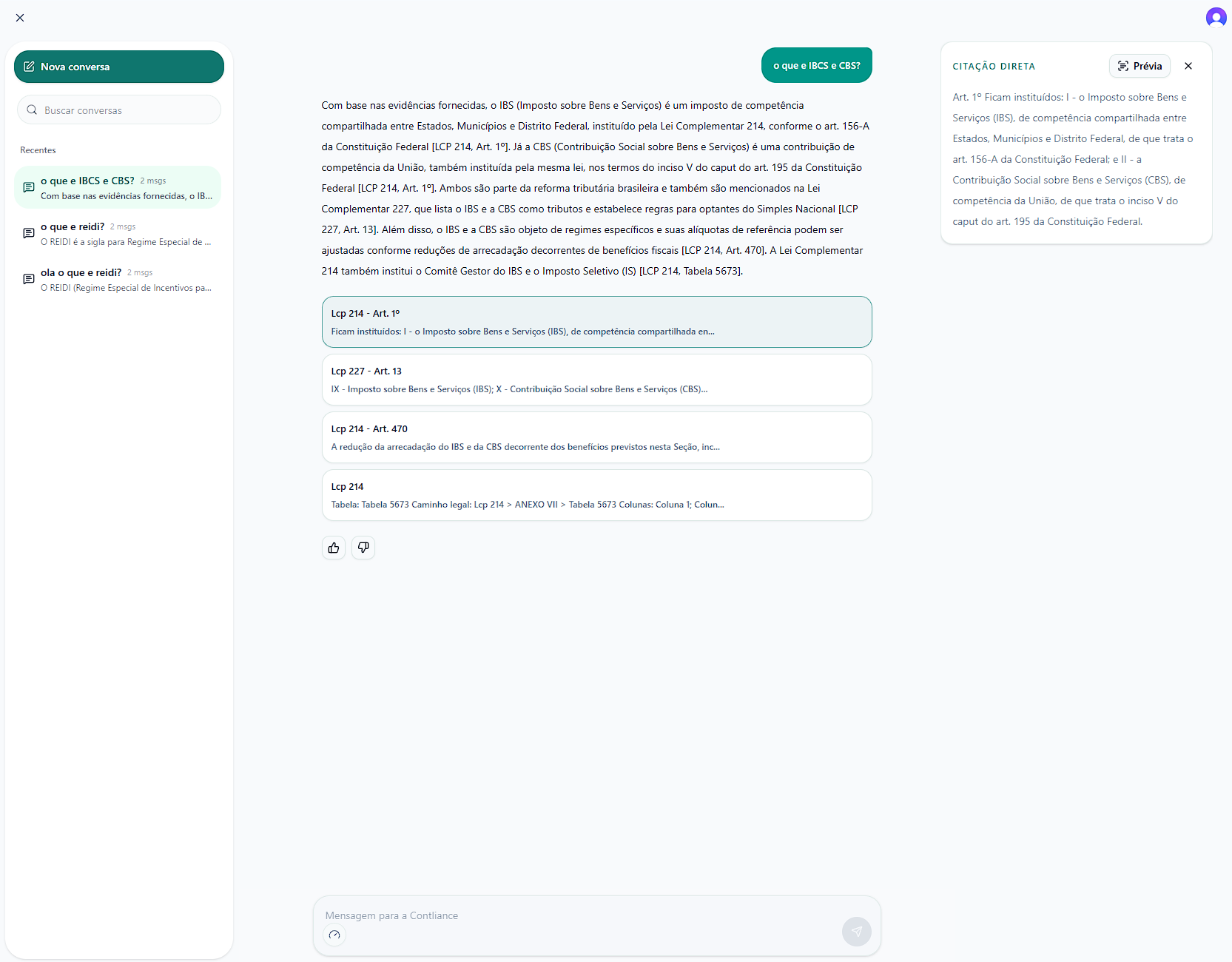 Tela real do Contliance com resposta, referências legais e painel de citação direta