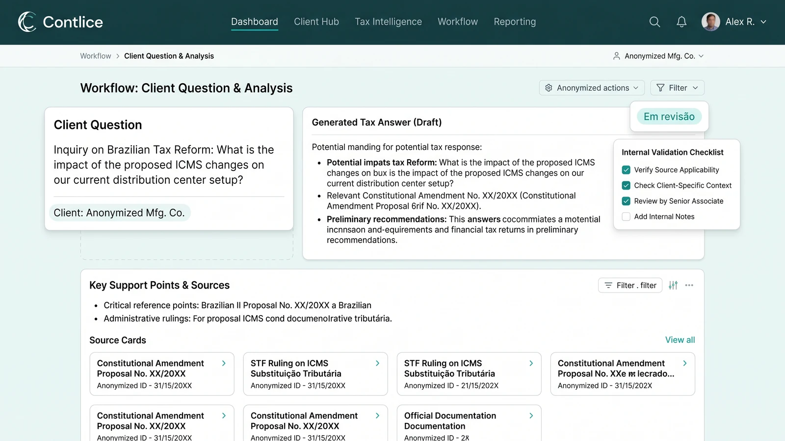 Interface do Contliance com pergunta, resposta revisável e pontos de apoio